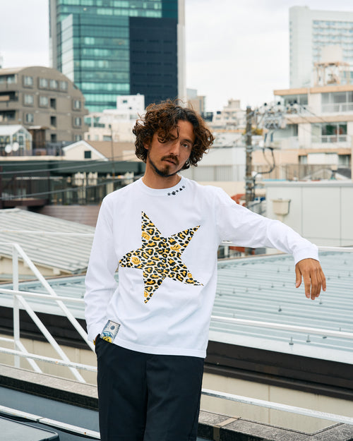 5.6ozコットン天竺 レオパードスタースマイル 発泡プリント LS Tシャツ