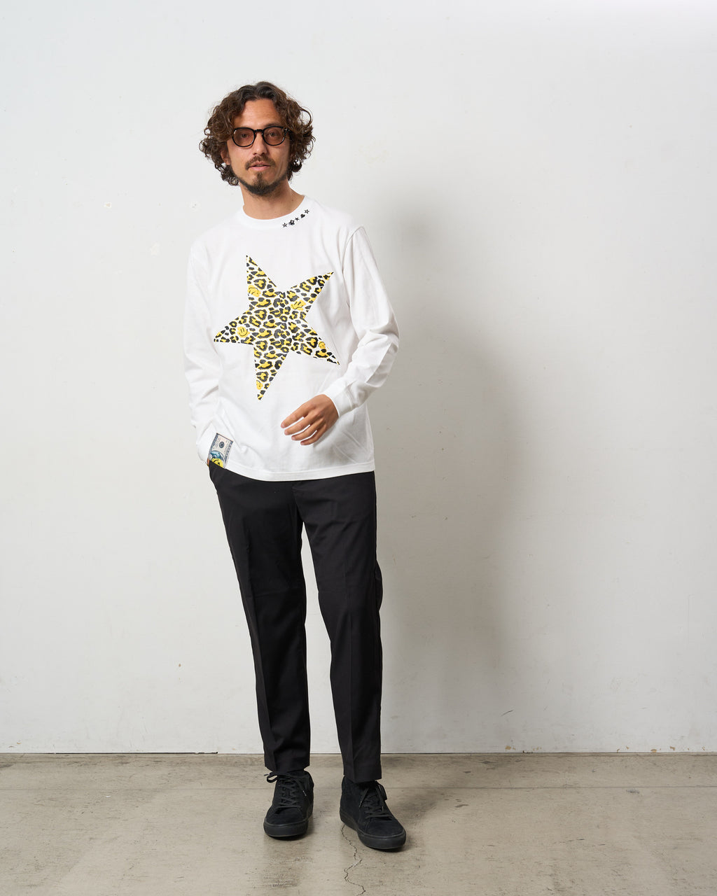 5.6ozコットン天竺 レオパードスタースマイル 発泡プリント LS Tシャツ