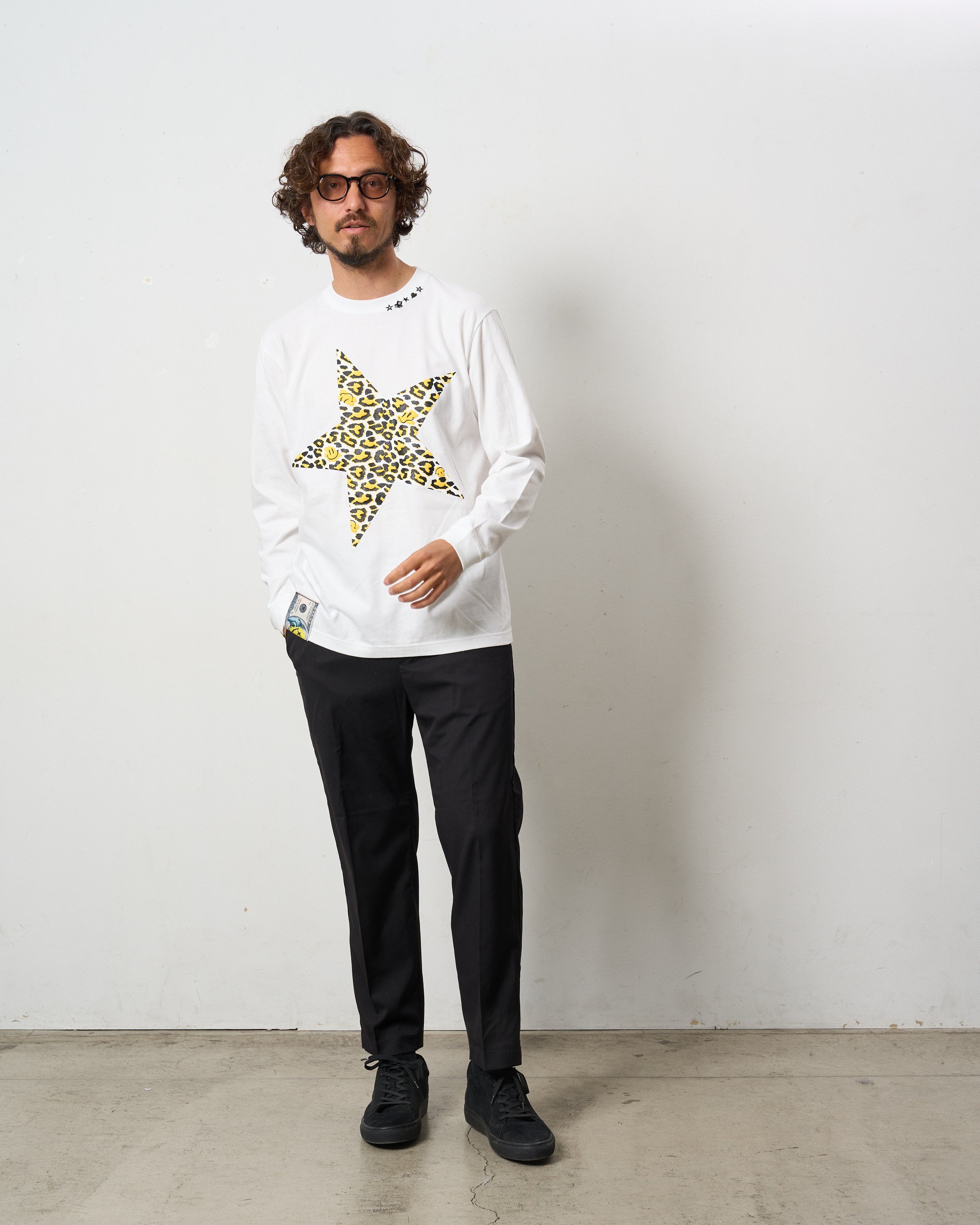 5.6ozコットン天竺 レオパードスタースマイル 発泡プリント LS Tシャツ