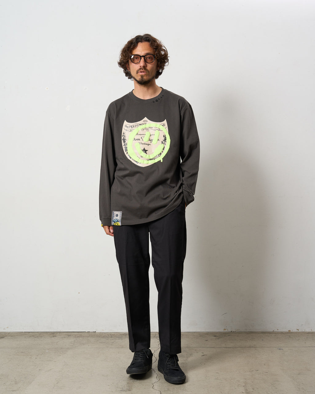 5.6ozコットン天竺 ラベルスマイル発泡プリント LS Tシャツ