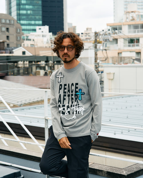 5.6ozコットン天竺 PEACE AFTER DEATH&クロスパッチワーク LS Tシャツ