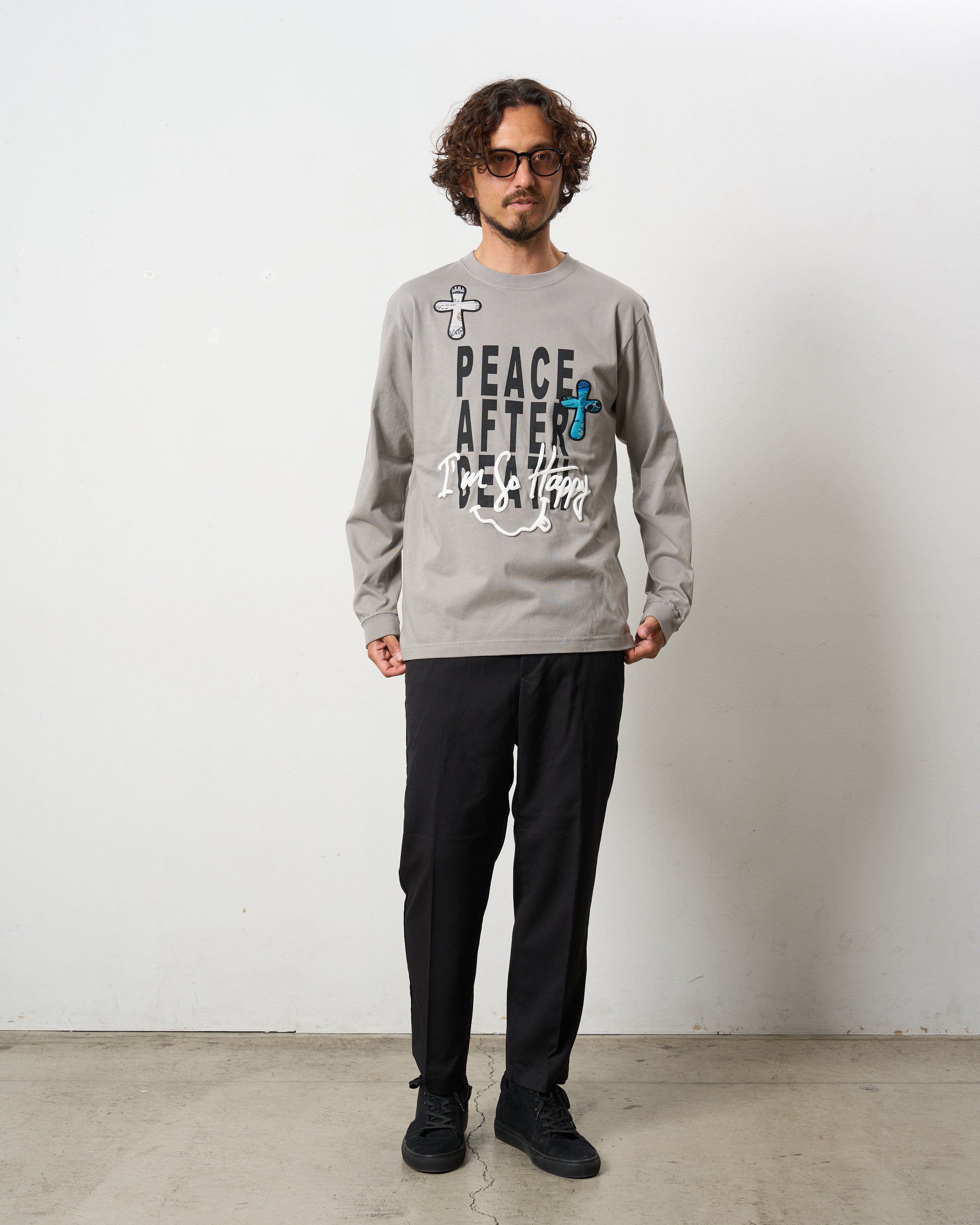 5.6ozコットン天竺 PEACE AFTER DEATH&クロスパッチワーク LS Tシャツ