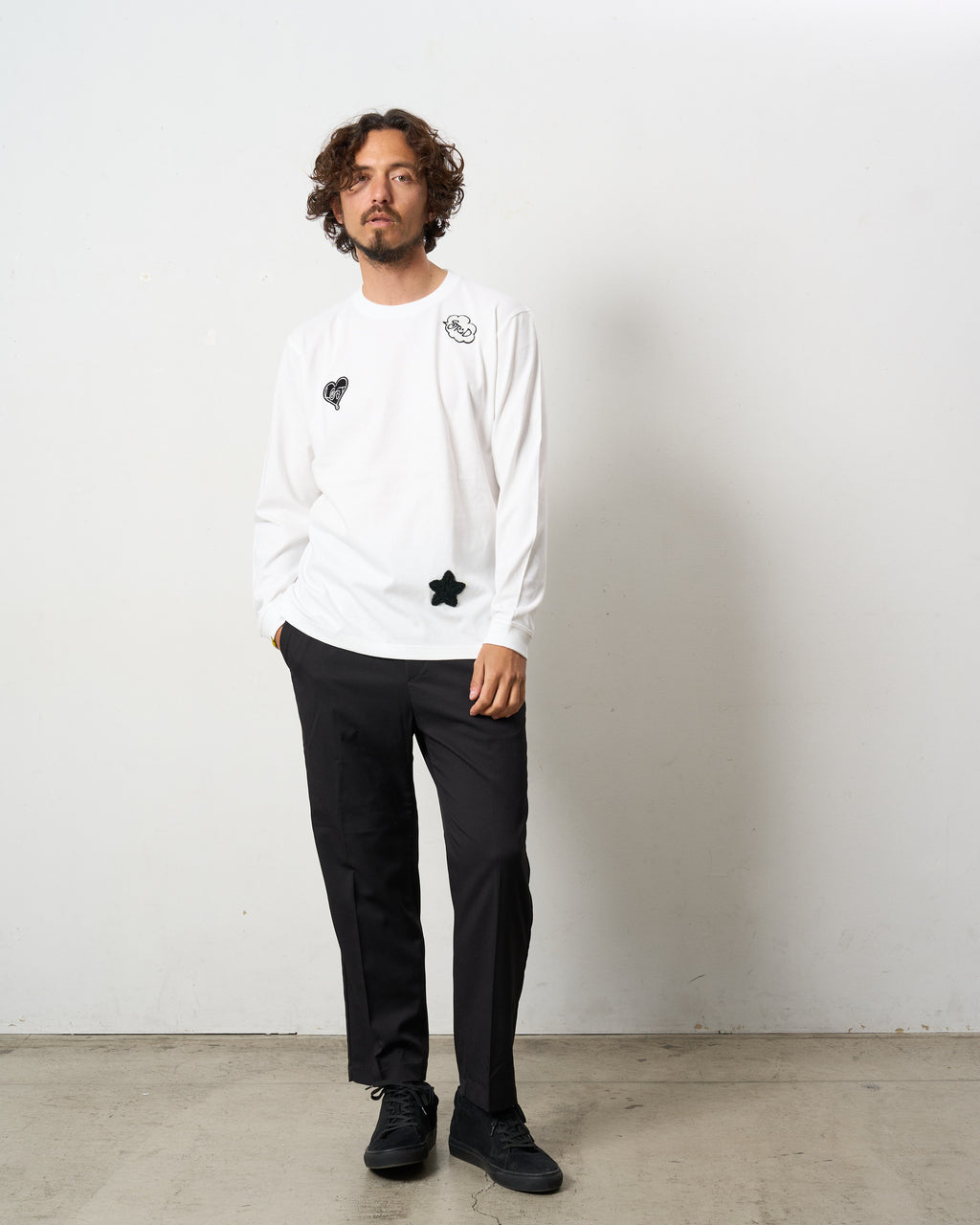 5.6ozコットン天竺 CREATE YOUR OWN LUCK&マルチパッチワーク LS Tシャツ