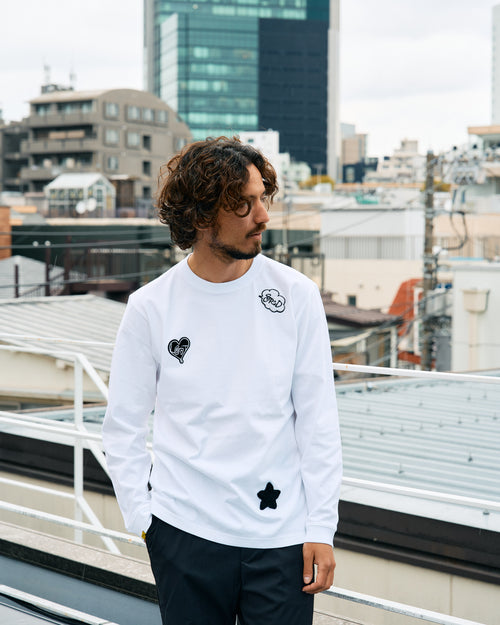 5.6ozコットン天竺 CREATE YOUR OWN LUCK&マルチパッチワーク LS Tシャツ