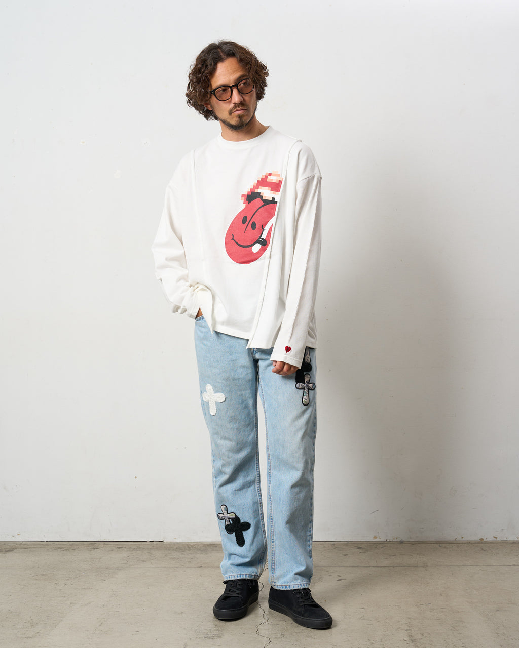 3MIXレイヤードカットオフ モザイクプリント LS ワイドシルエットTシャツ