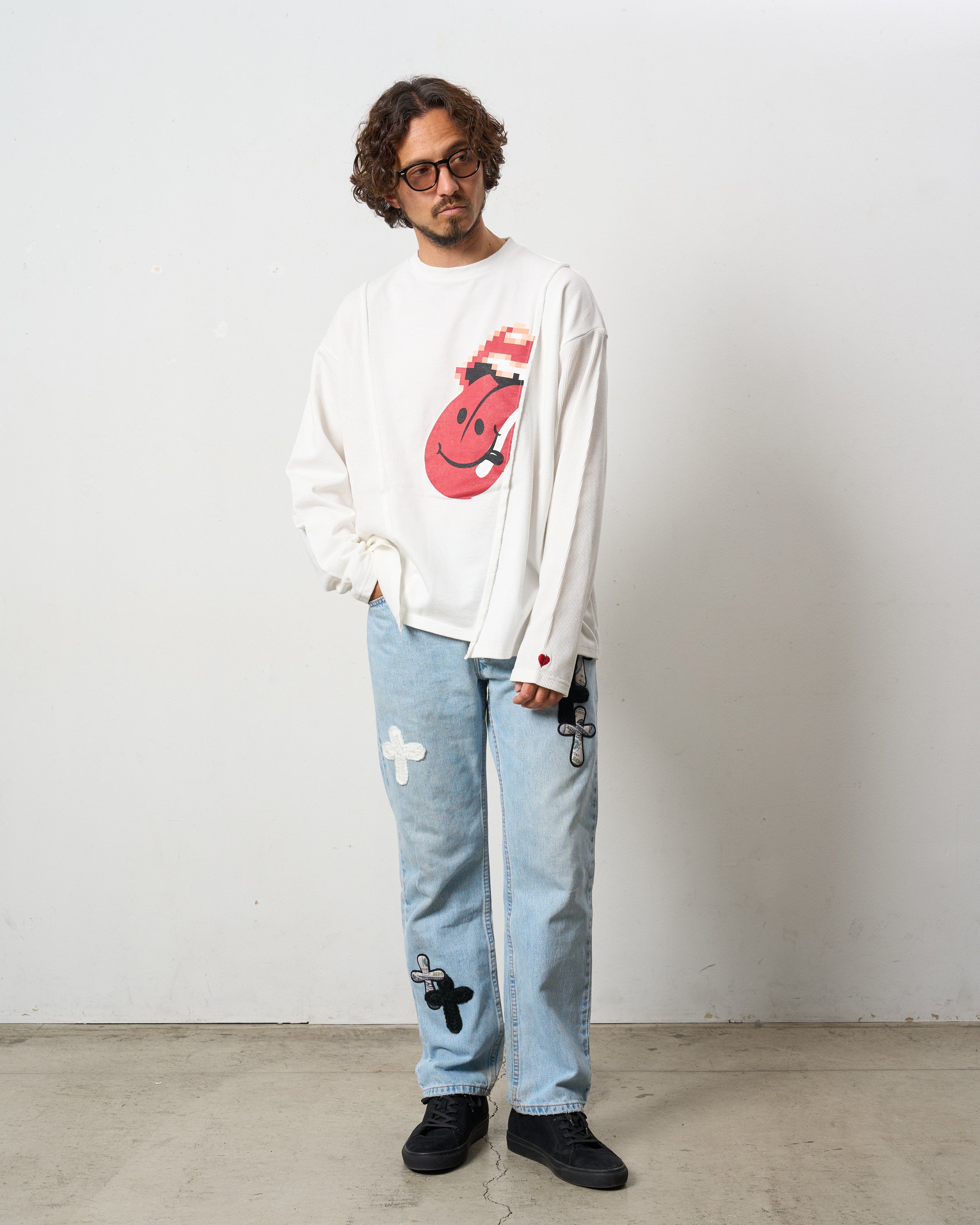3MIXレイヤードカットオフ モザイクプリント LS ワイドシルエットTシャツ