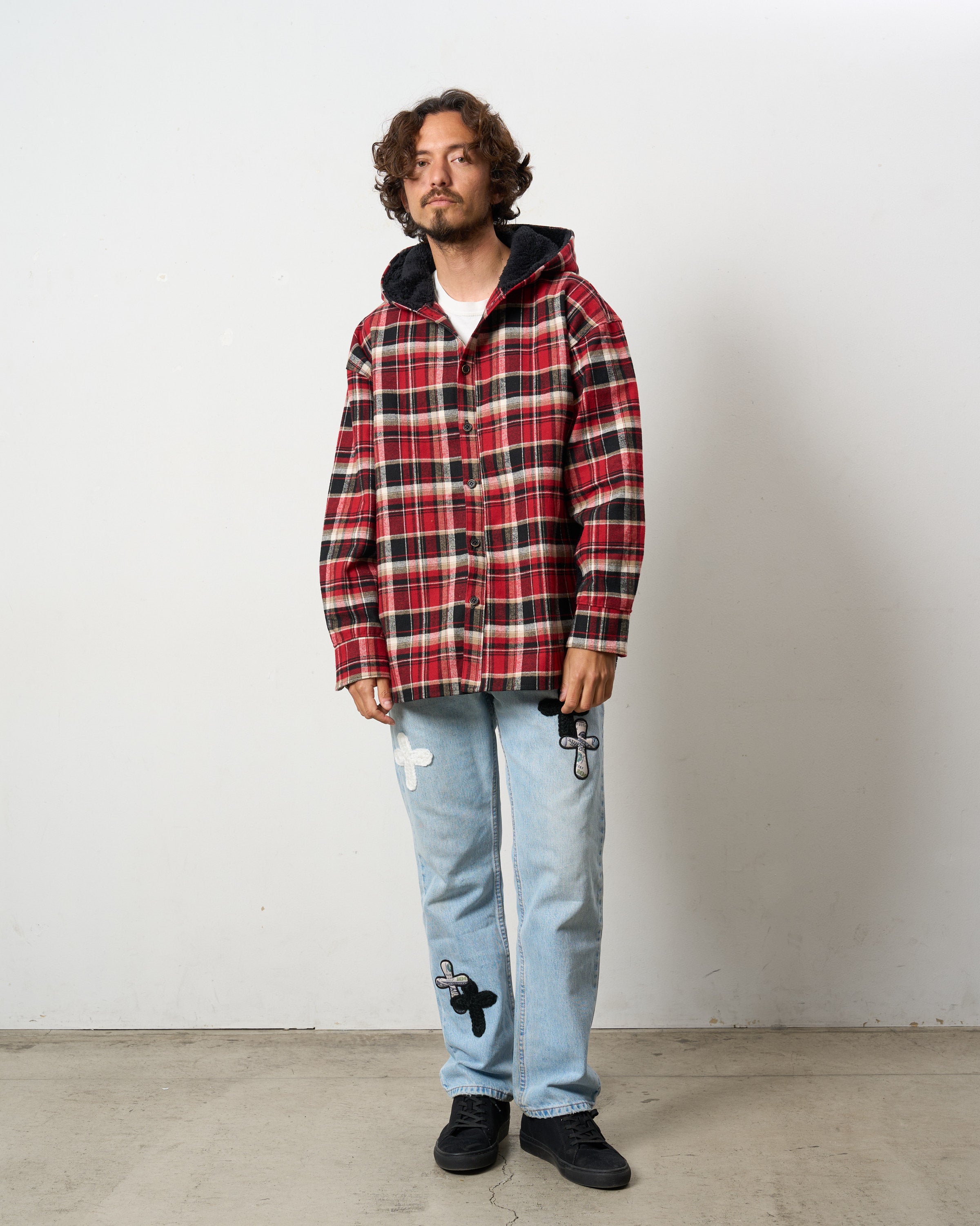 ヘビーネルチェック/ボア レザースター&サガラパッチワーク フーデッドシャツ